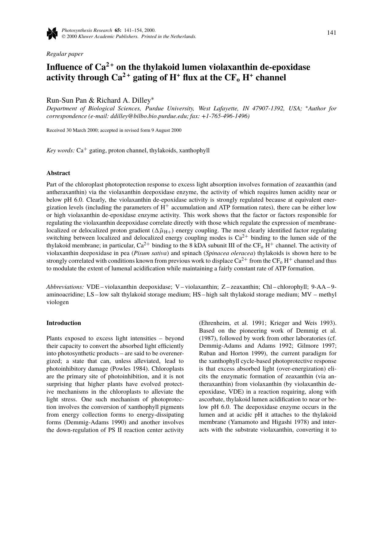 Influence of Ca2+ on the thylakoid lumen violaxanthin de-epoxidase activity through Ca2+ gating of H+ flux at the CFo H+ channel by Unknown