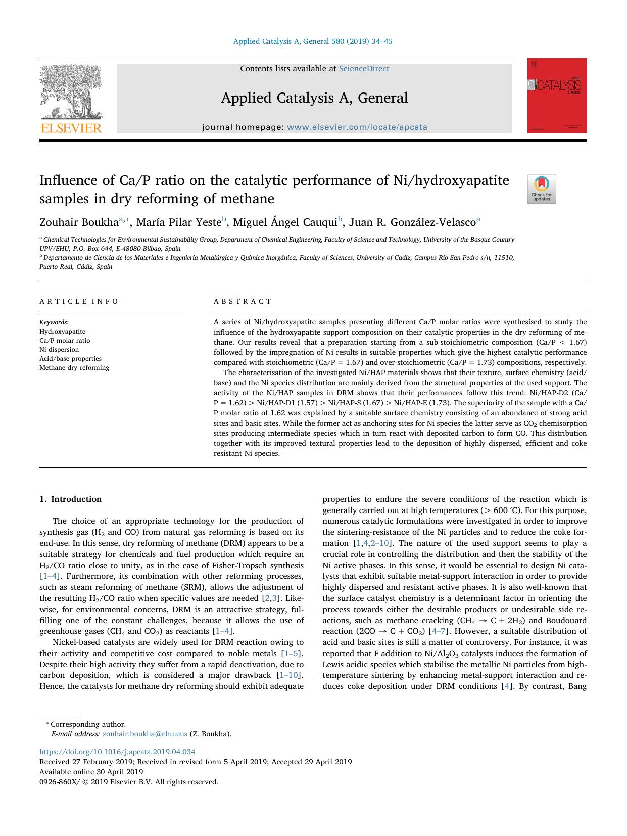 Influence of CaP ratio on the catalytic performance of Nihydroxyapatite samples in dry reforming of methane by Zouhair Boukha & María Pilar Yeste & Miguel Ángel Cauqui & Juan R. González-Velasco