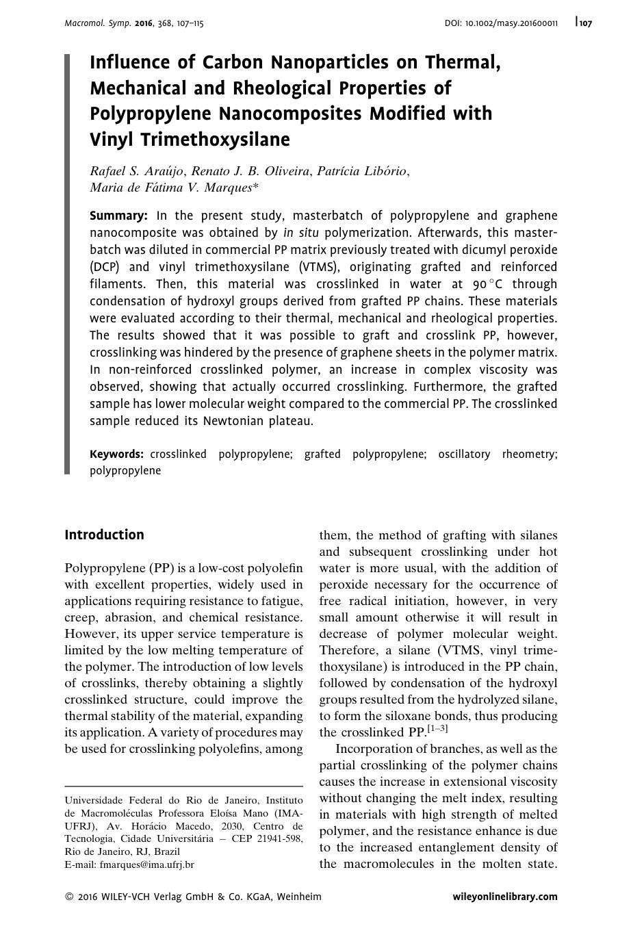 Influence of Carbon Nanoparticles on Thermal, Mechanical and Rheological Properties of Polypropylene Nanocomposites Modified with Vinyl Trimethoxysilane by Unknown