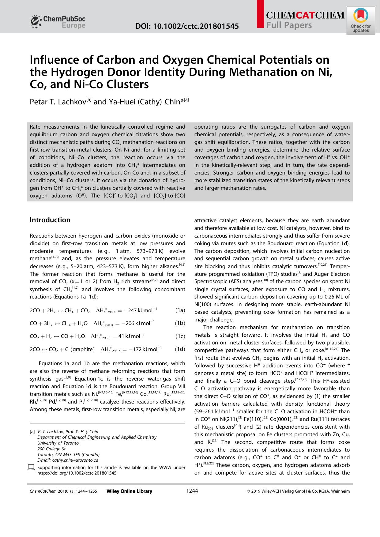 Influence of Carbon and Oxygen Chemical Potentials on the Hydrogen Donor Identity During Methanation on Ni, Co, and NiâCo Clusters by Unknown