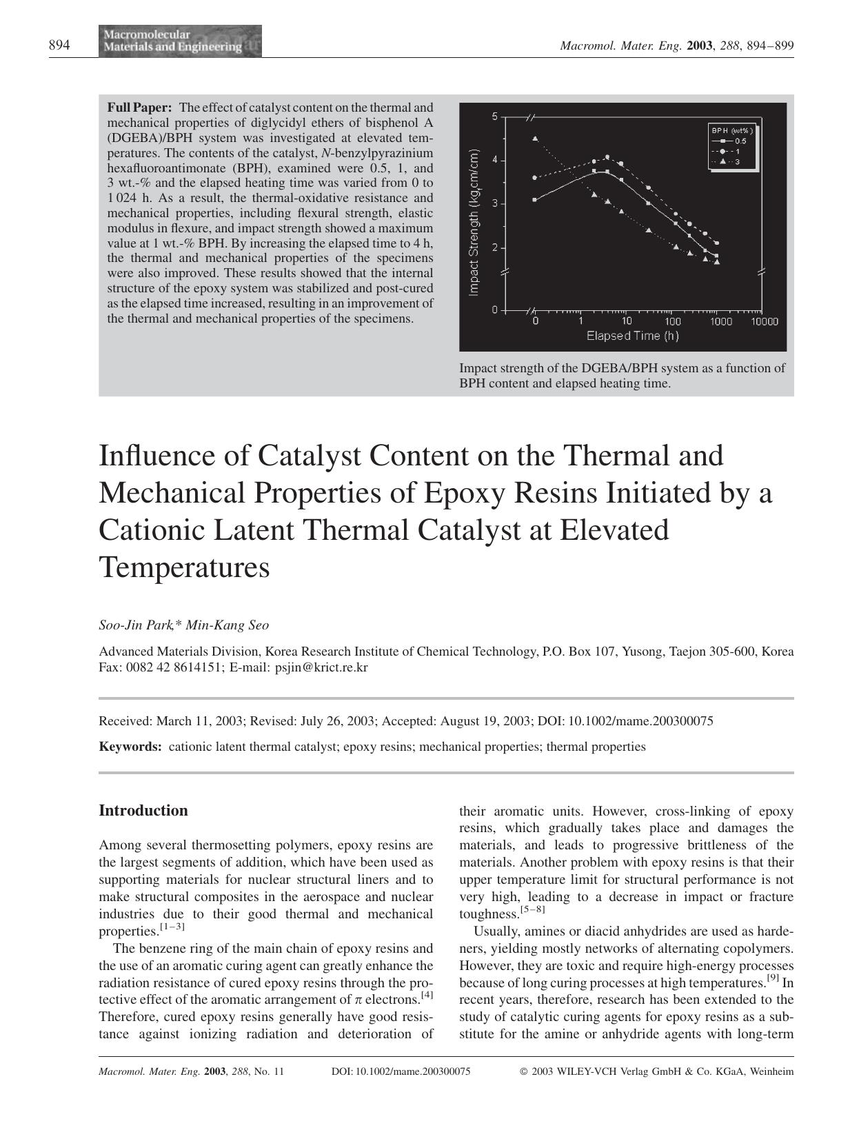 Influence of Catalyst Content on the Thermal and Mechanical Properties of Epoxy Resins Initiated by a Cationic Latent Thermal Catalyst at Elevated Temperatures by Unknown