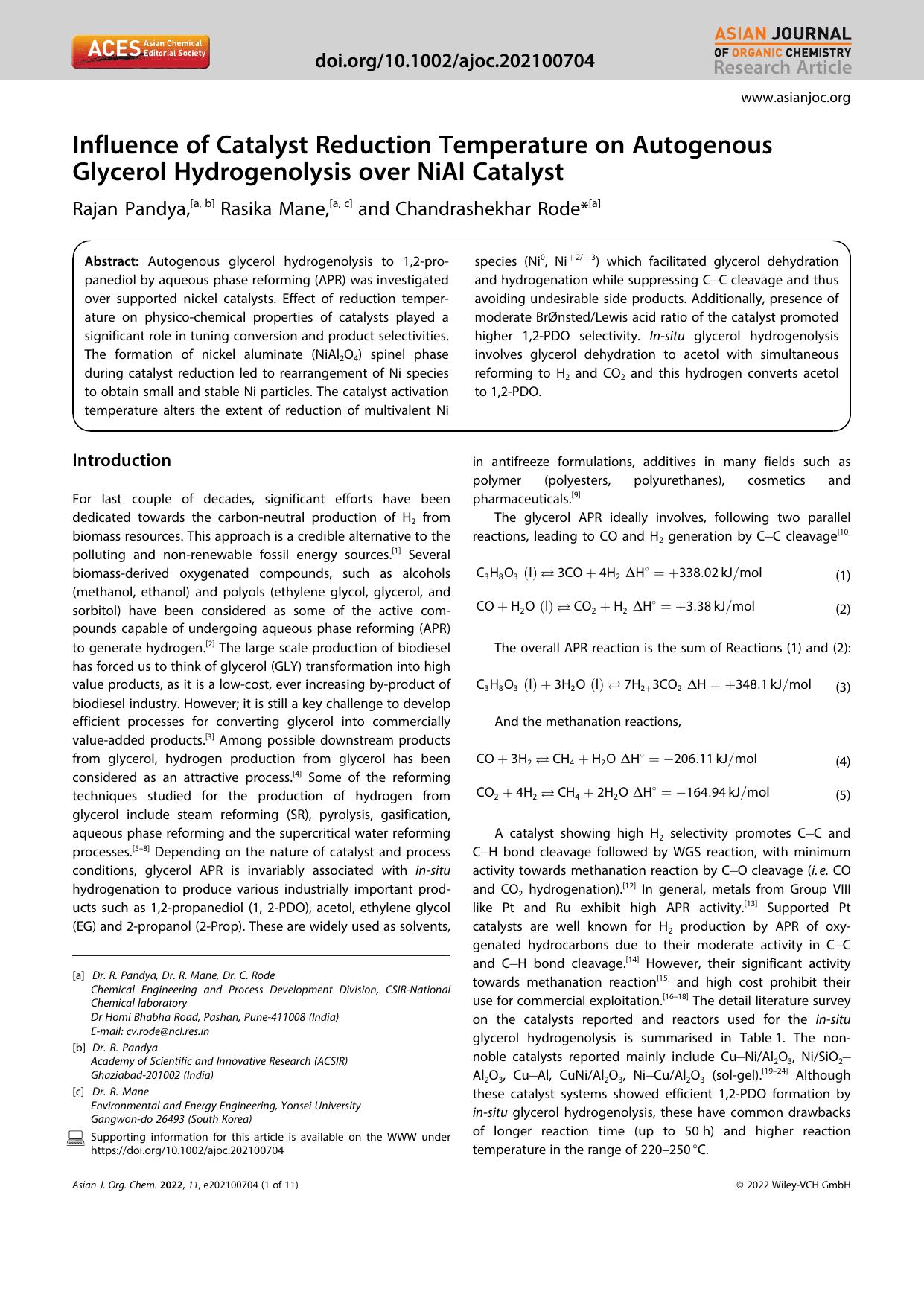 Influence of Catalyst Reduction Temperature on Autogenous Glycerol Hydrogenolysis over NiAl Catalyst by Unknown