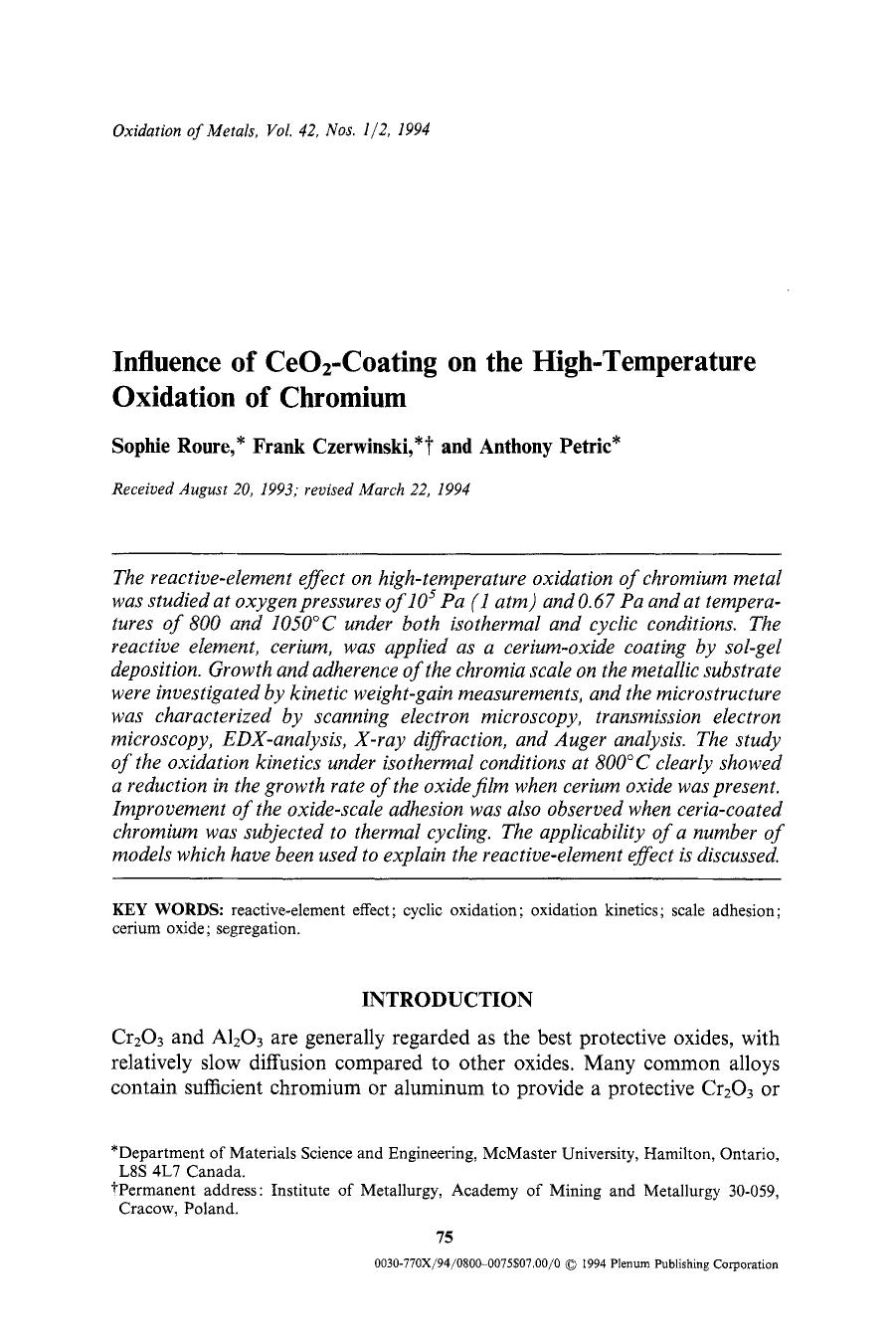 Influence of CeO <Subscript>2 <Subscript>-coating on the high-temperature oxidation of chromium by Unknown