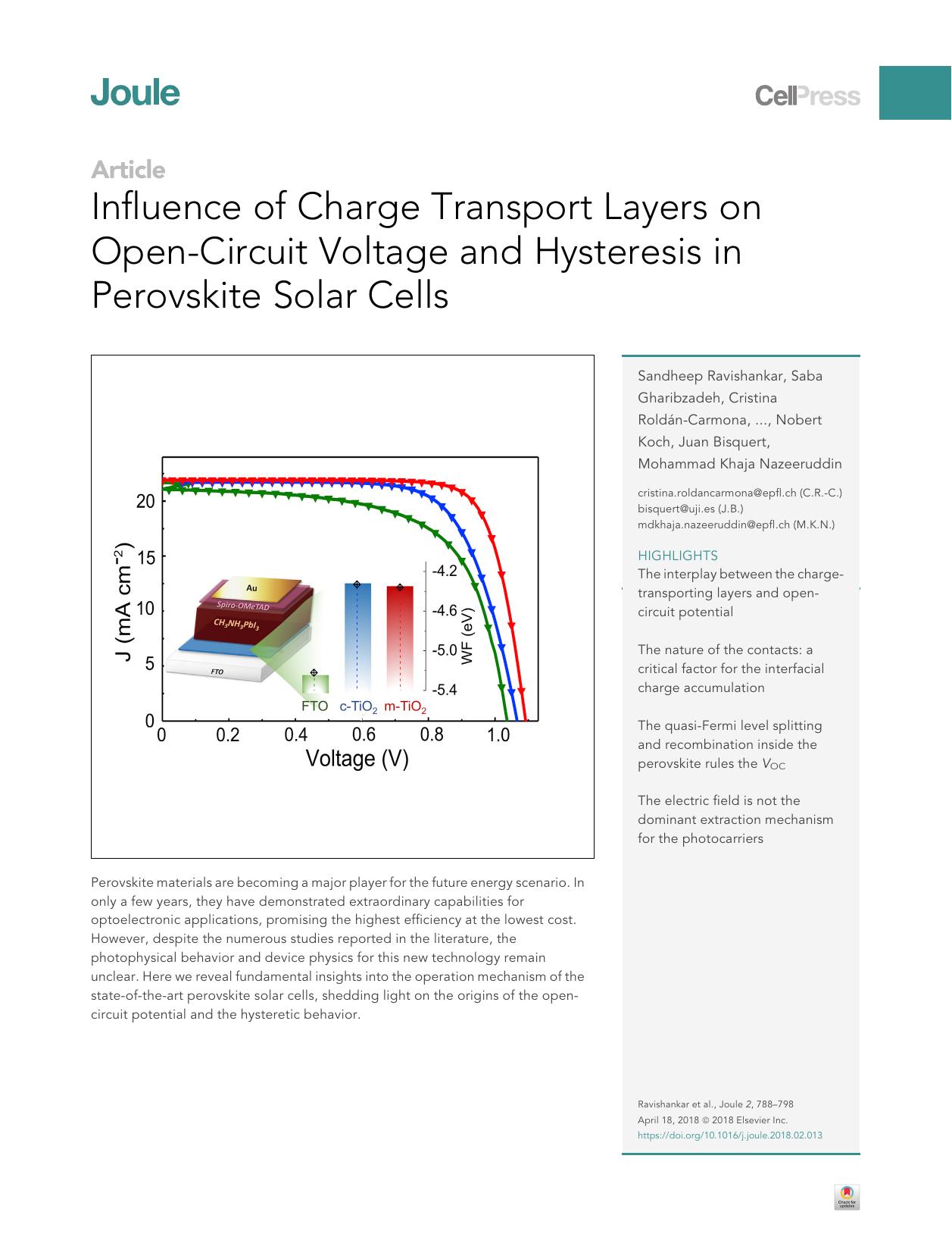 Influence of Charge Transport Layers on Open-Circuit Voltage and Hysteresis in Perovskite Solar Cells by unknow