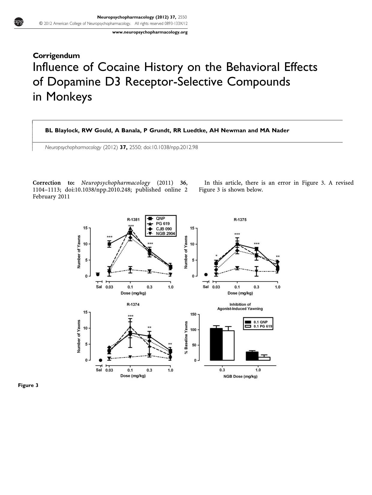 Influence of Cocaine History on the Behavioral Effects of Dopamine D3 Receptor-Selective Compounds in Monkeys by B L Blaylock & R W Gould & A Banala & P Grundt & R R Luedtke & A H Newman & M A Nader