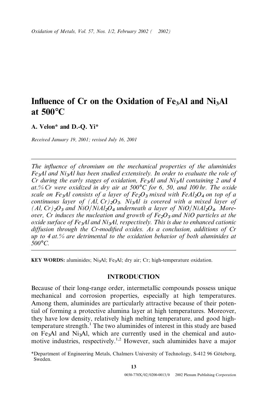 Influence of Cr on the Oxidation of Fe3Al and Ni3Al at 500&#x00B0;C by Unknown