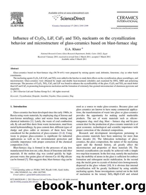 Influence of Cr2O3, LiF, CaF2 and TiO2 nucleants on the crystallization behavior and microstructure of glass-ceramics based on blast-furnace slag by G.A. Khater