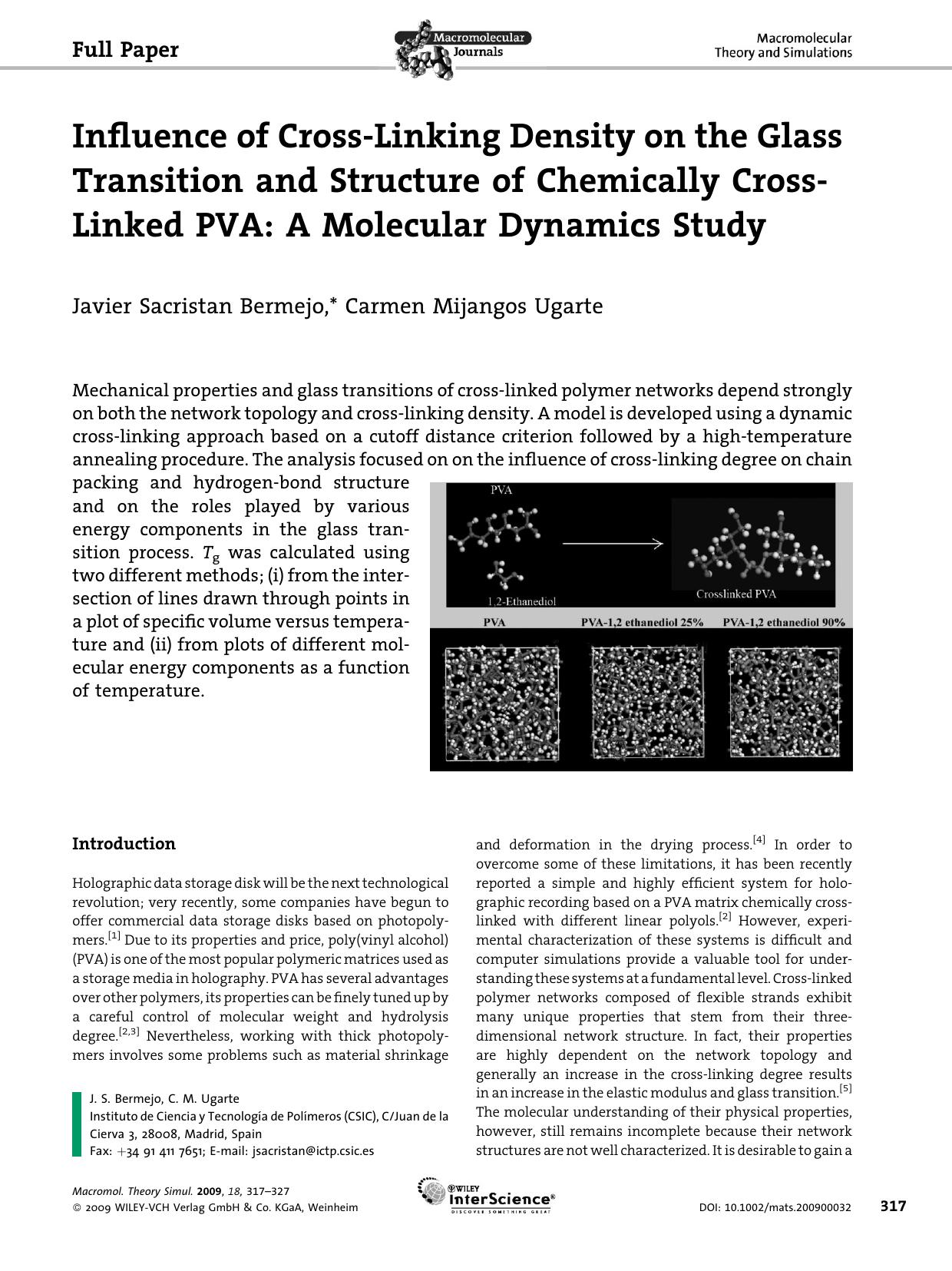 Influence of Cross-Linking Density on the Glass Transition and Structure of Chemically Cross-Linked PVA: A Molecular Dynamics Study by Unknown