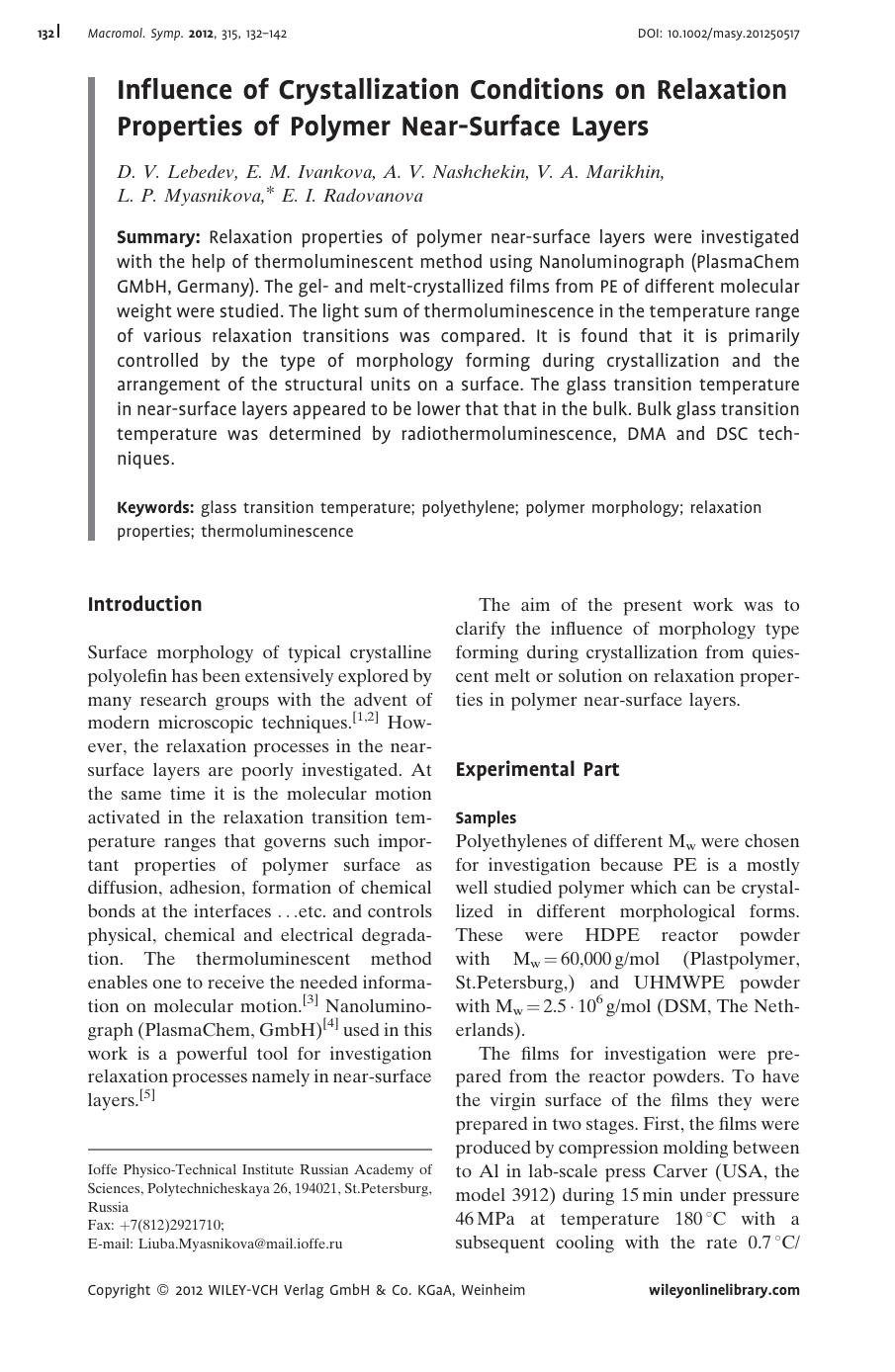 Influence of Crystallization Conditions on Relaxation Properties of Polymer NearSurface Layers by Unknown
