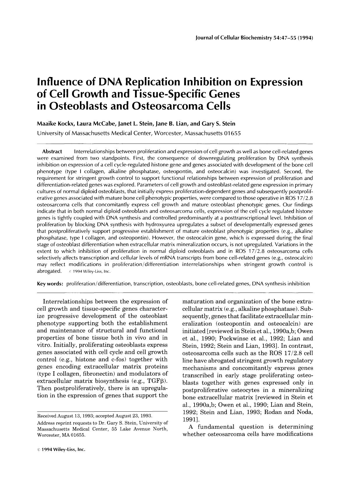 Influence of DNA replication inhibition on expression of cell growth and tissue-specific genes in osteoblasts and osteosarcoma cells by Unknown