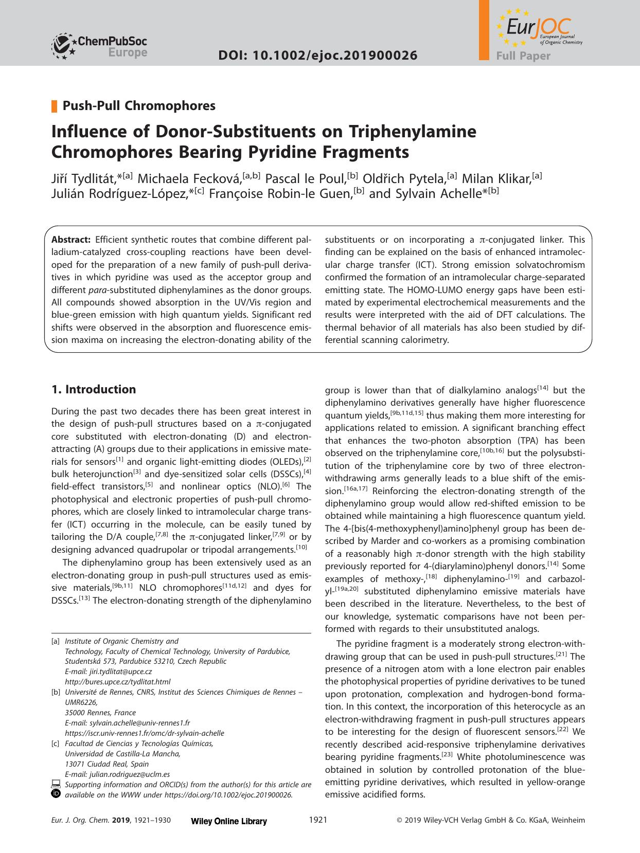 Influence of Donor&#x02010;Substituents on Triphenylamine Chromophores Bearing Pyridine Fragments by Unknown