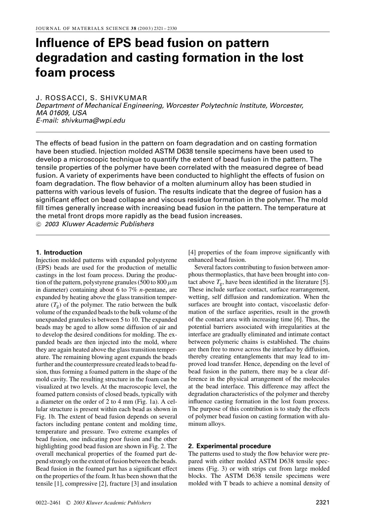 Influence of EPS bead fusion on pattern degradation and casting formation in the lost foam process by Unknown