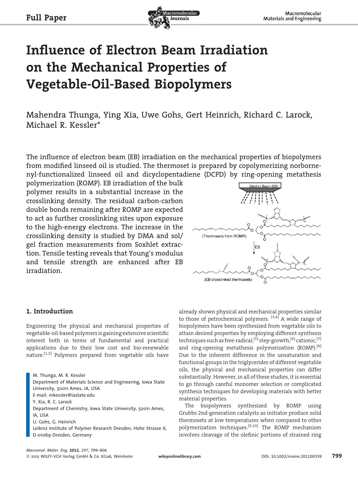 Influence of Electron Beam Irradiation on the Mechanical Properties of VegetableOilBased Biopolymers by Unknown