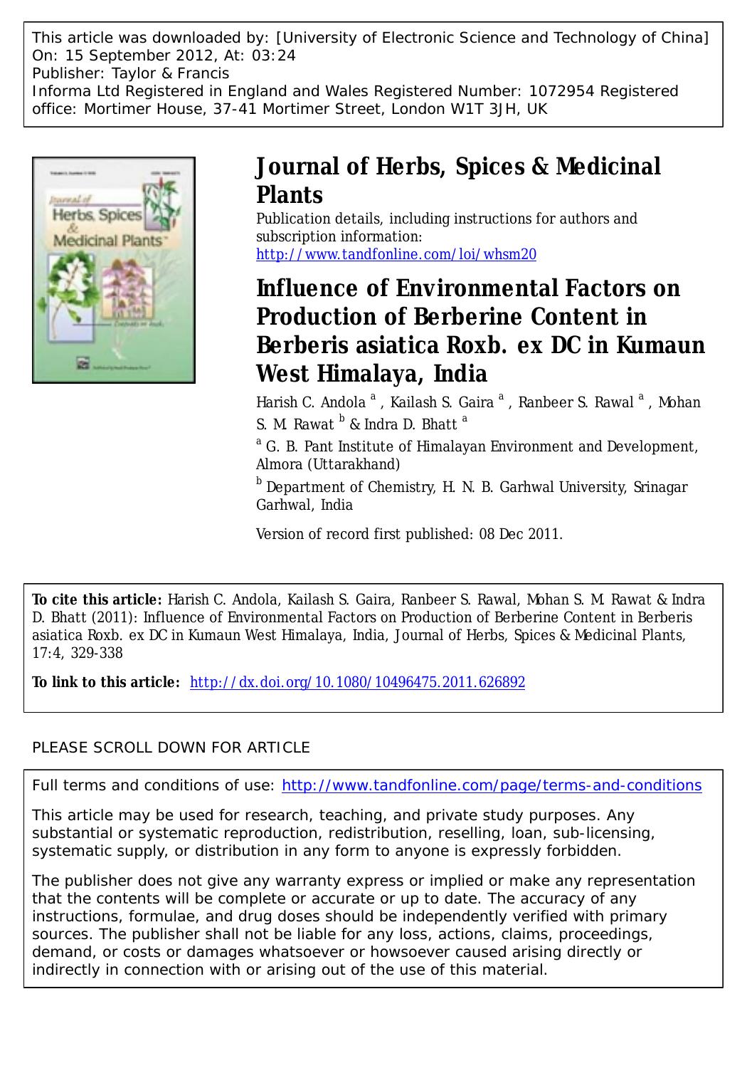 Influence of Environmental Factors on Production of Berberine Content in Berberis asiatica Roxb. ex DC in Kumaun West Himalaya, India by unknow