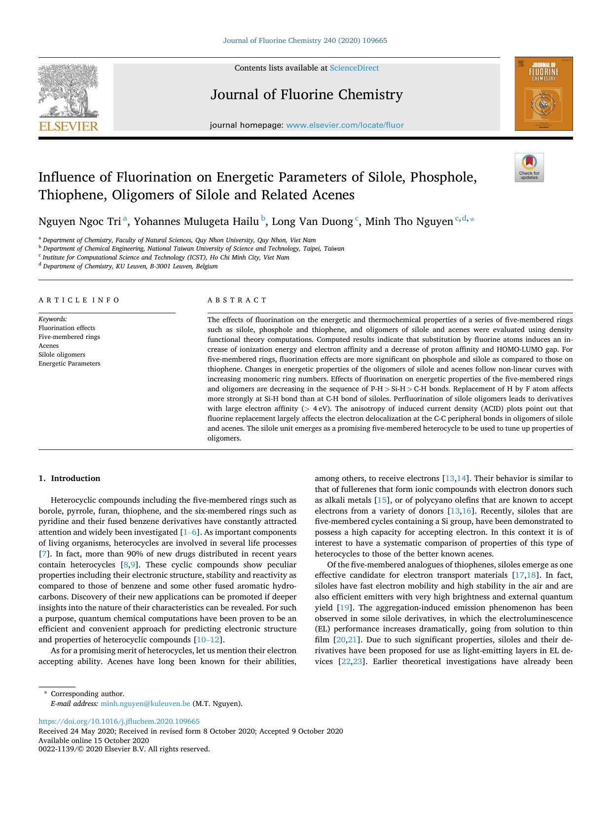 Influence of Fluorination on Energetic Parameters of Silole, Phosphole, Thiophene, Oligomers of Silole and Related Acenes by Nguyen Ngoc Tri & Yohannes Mulugeta Hailu & Long Van Duong & Minh Tho Nguyen