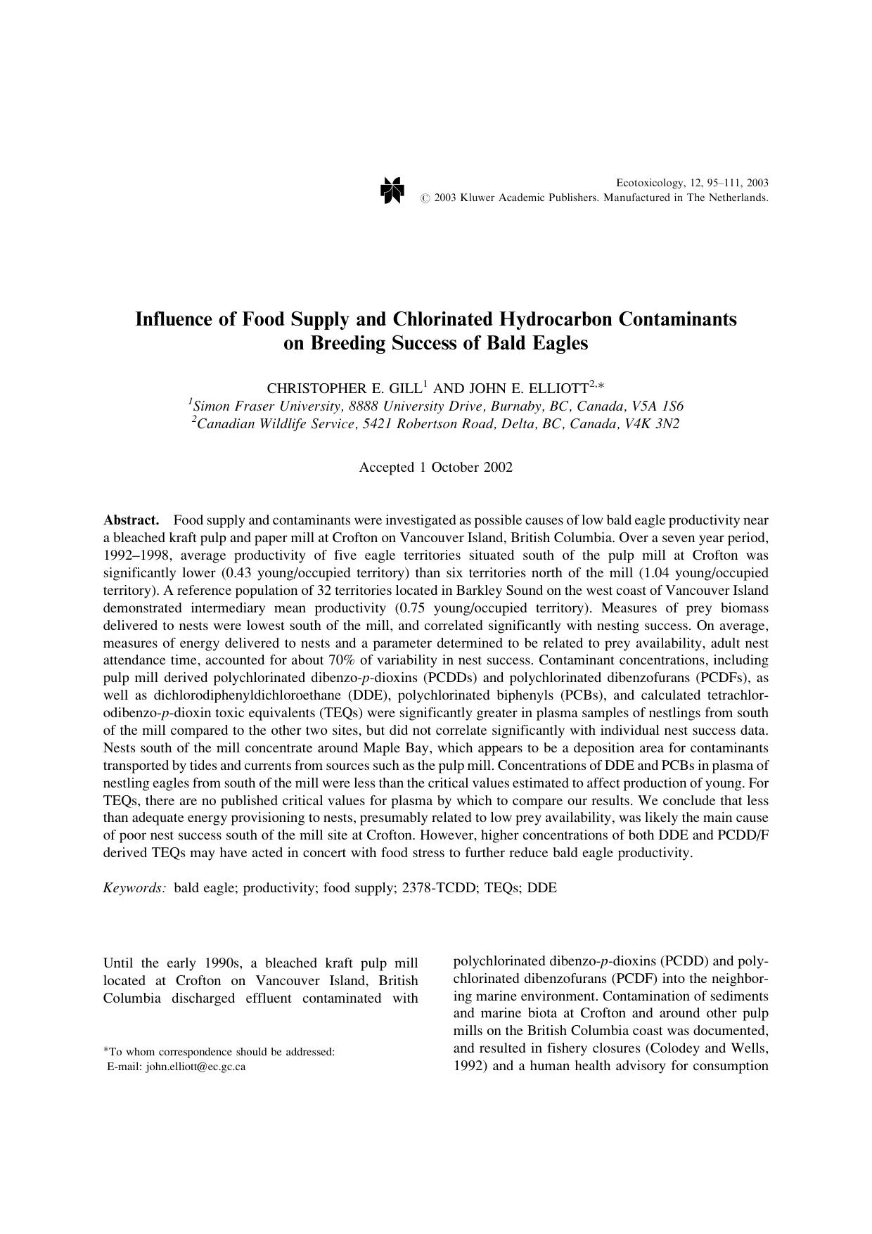 Influence of Food Supply and Chlorinated Hydrocarbon Contaminants on Breeding Success of Bald Eagles by Unknown