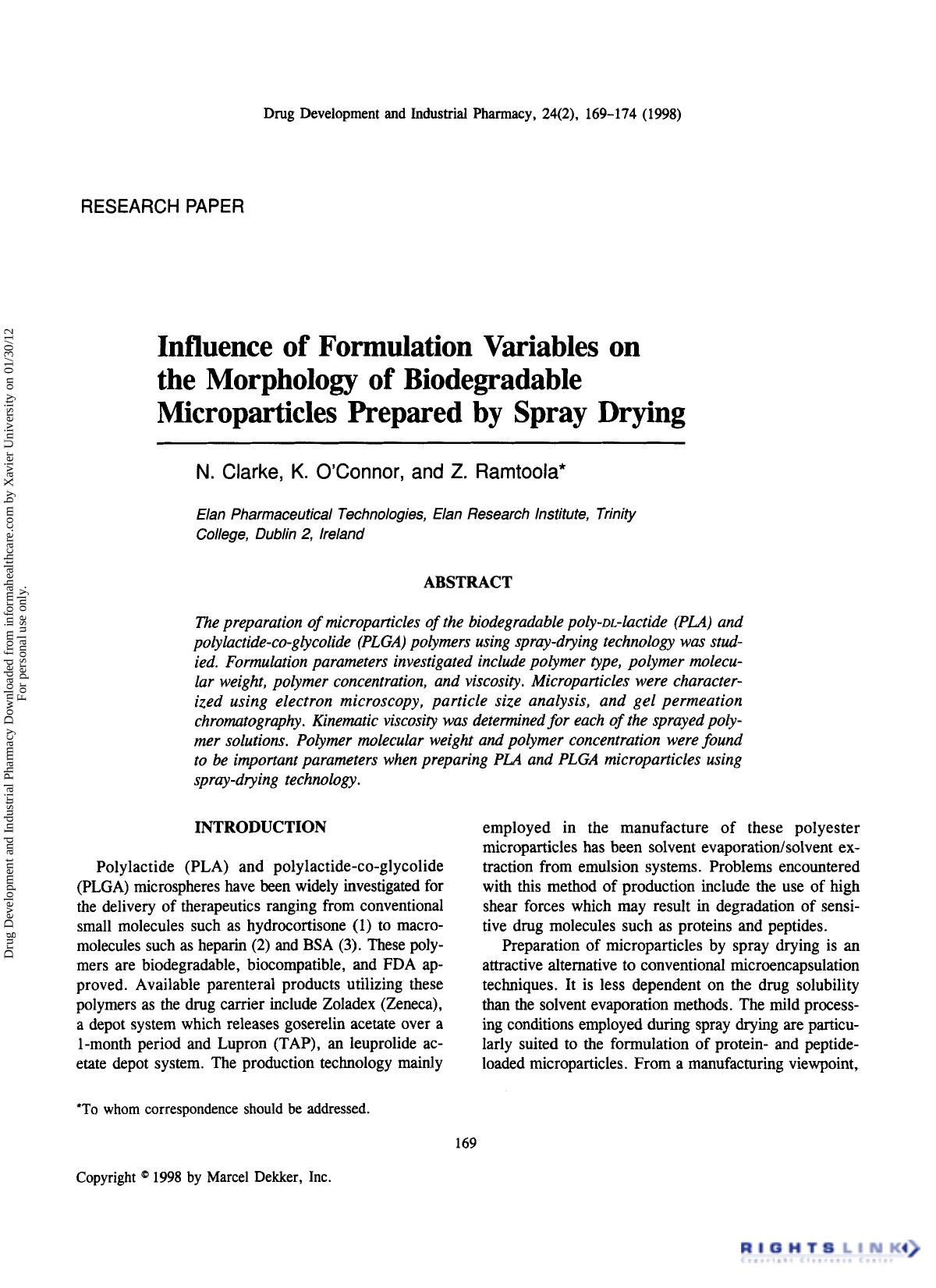 Influence of Formulation Variables on the Morphology of Biodegradable Micropartieles Prepared by Spray Drying by N. Clarke K. O'connor & Z. Ramtoola
