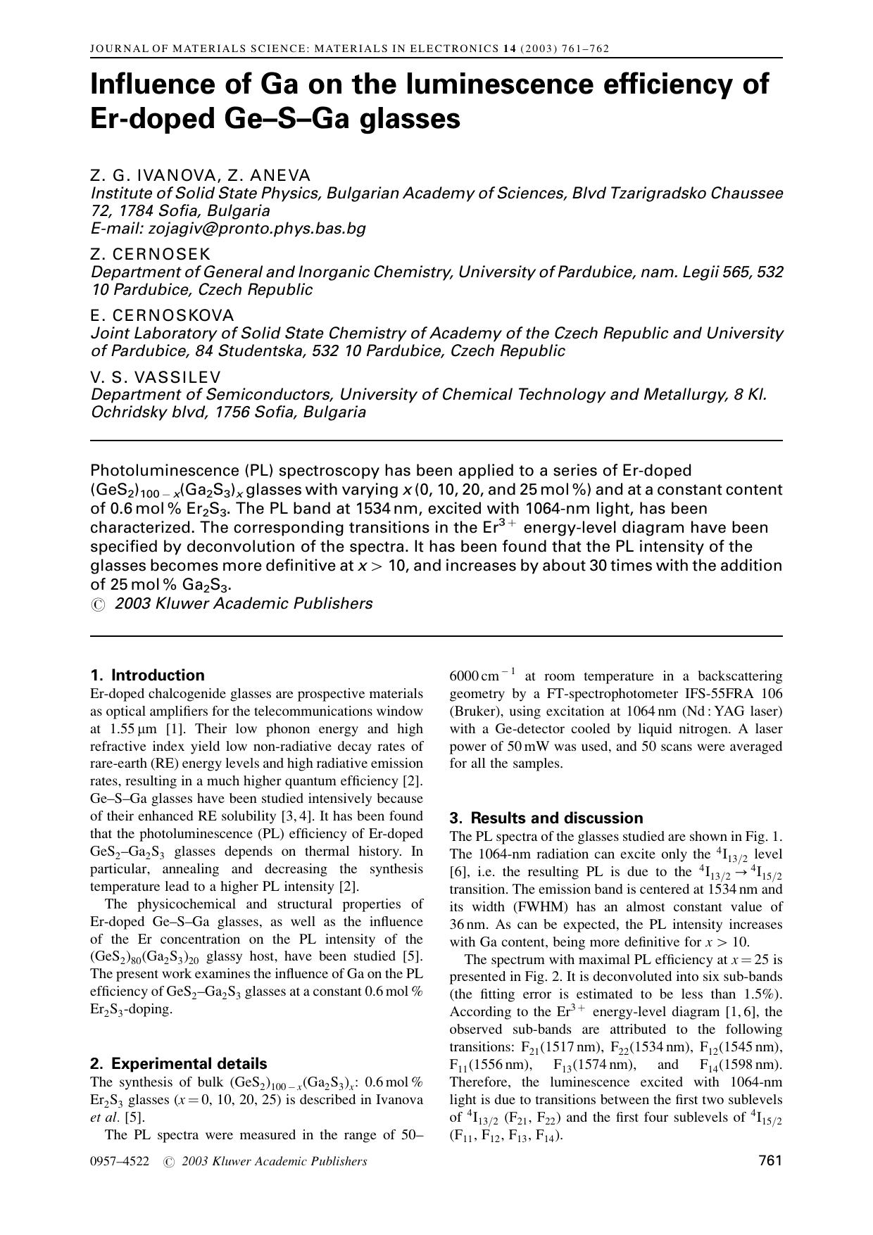 Influence of Ga on the luminescence efficiency of Er-doped Ge–S–Ga glasses by Unknown