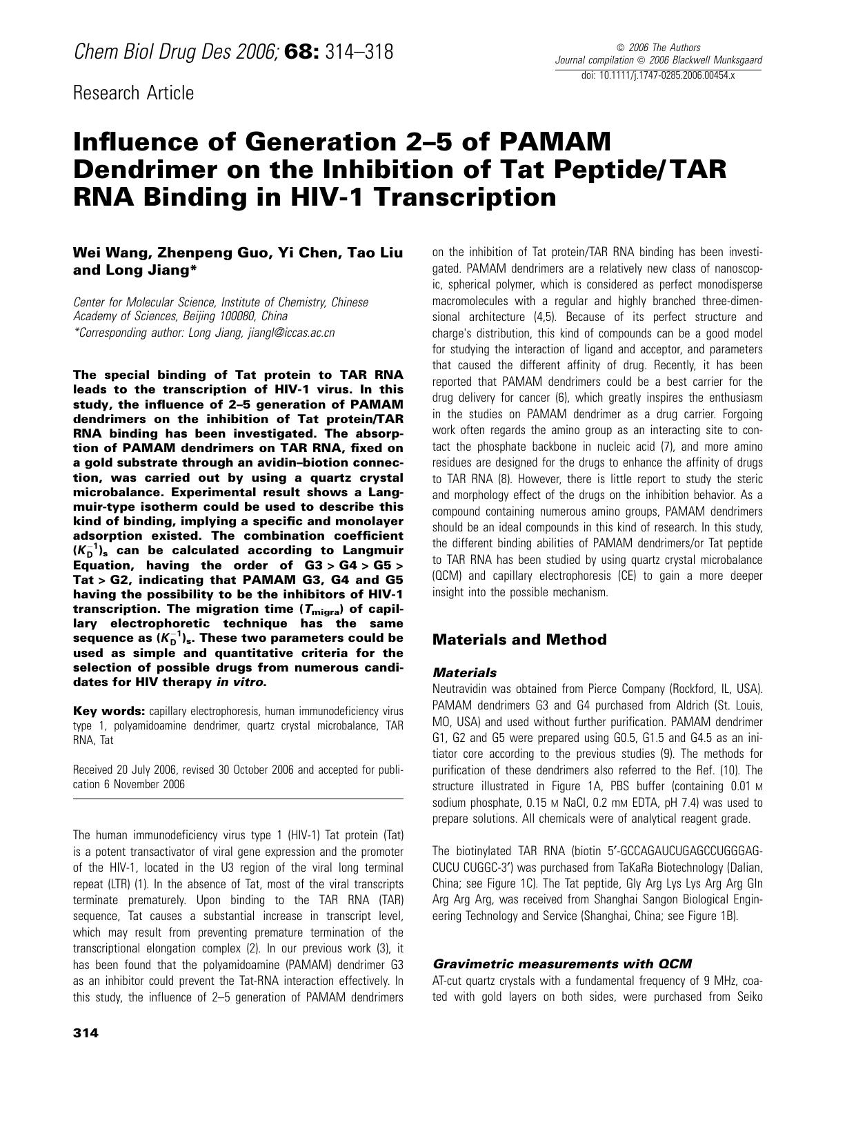 Influence of Generation 2–5 of PAMAM Dendrimer on the Inhibition of Tat PeptideTAR RNA Binding in HIV-1 Transcription by unknow