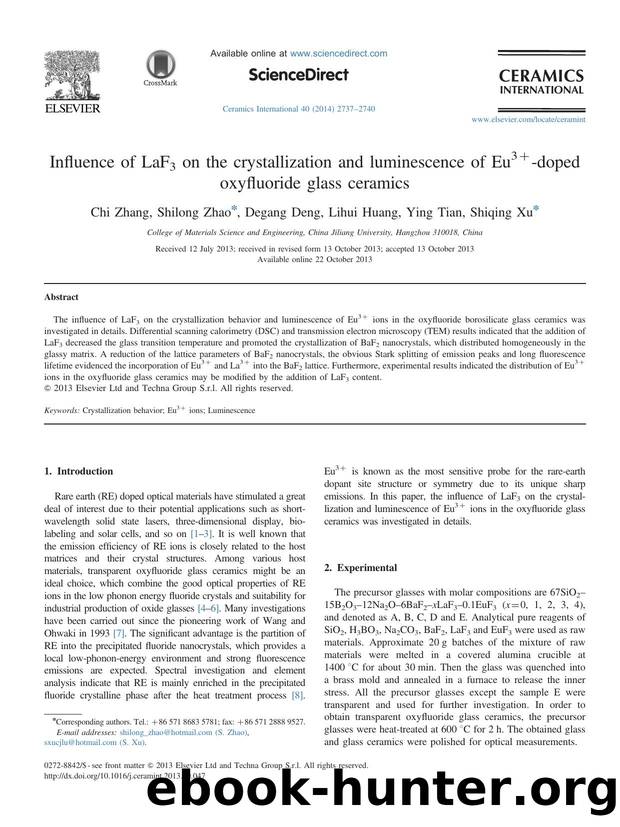 Influence of LaF3 on the crystallization and luminescence of Eu3+-doped oxyfluoride glass ceramics by Chi Zhang & Shilong Zhao & Degang Deng & Lihui Huang & Ying Tian & Shiqing Xu