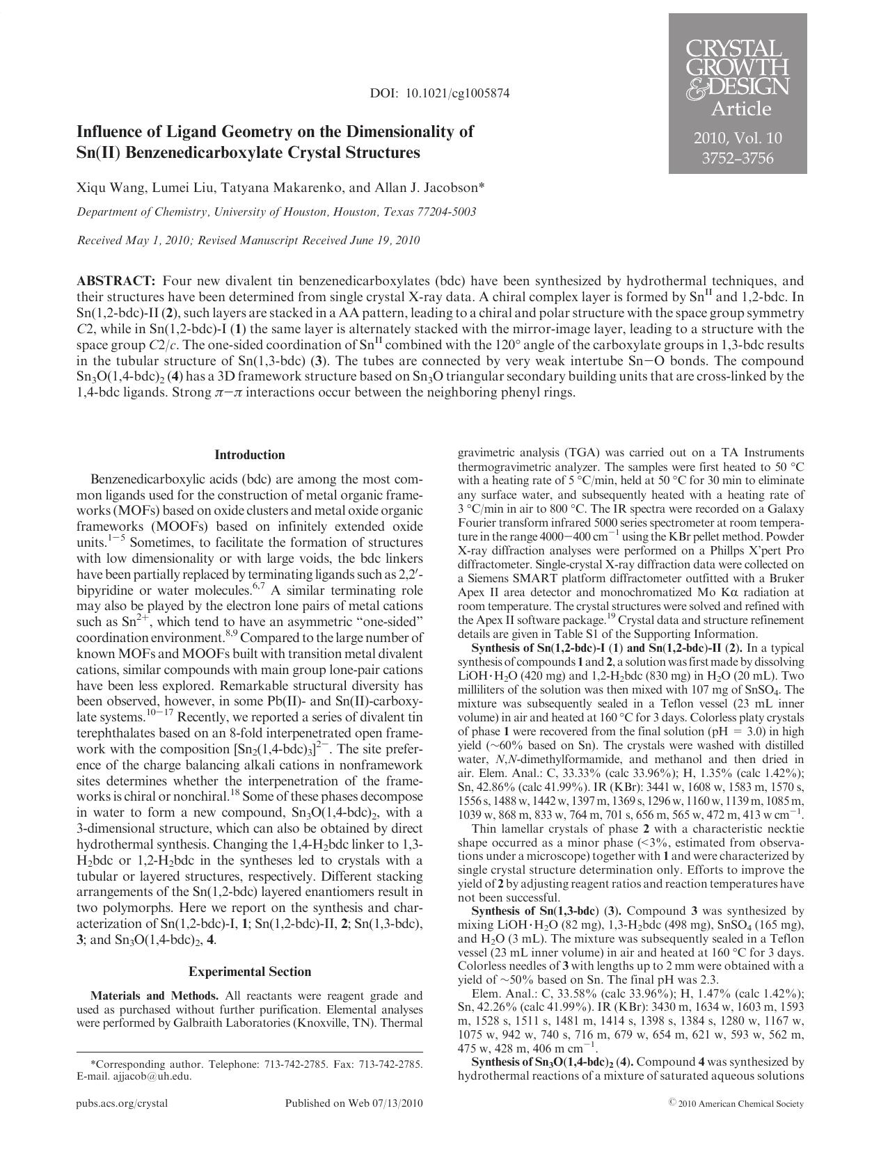 Influence of Ligand Geometry on the Dimensionality of Sn(II) Benzenedicarboxylate Crystal Structures by Unknown
