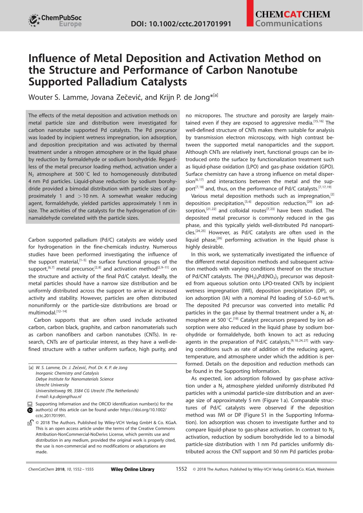 Influence of Metal Deposition and Activation Method on the Structure and Performance of Carbon Nanotube Supported Palladium Catalysts by Unknown