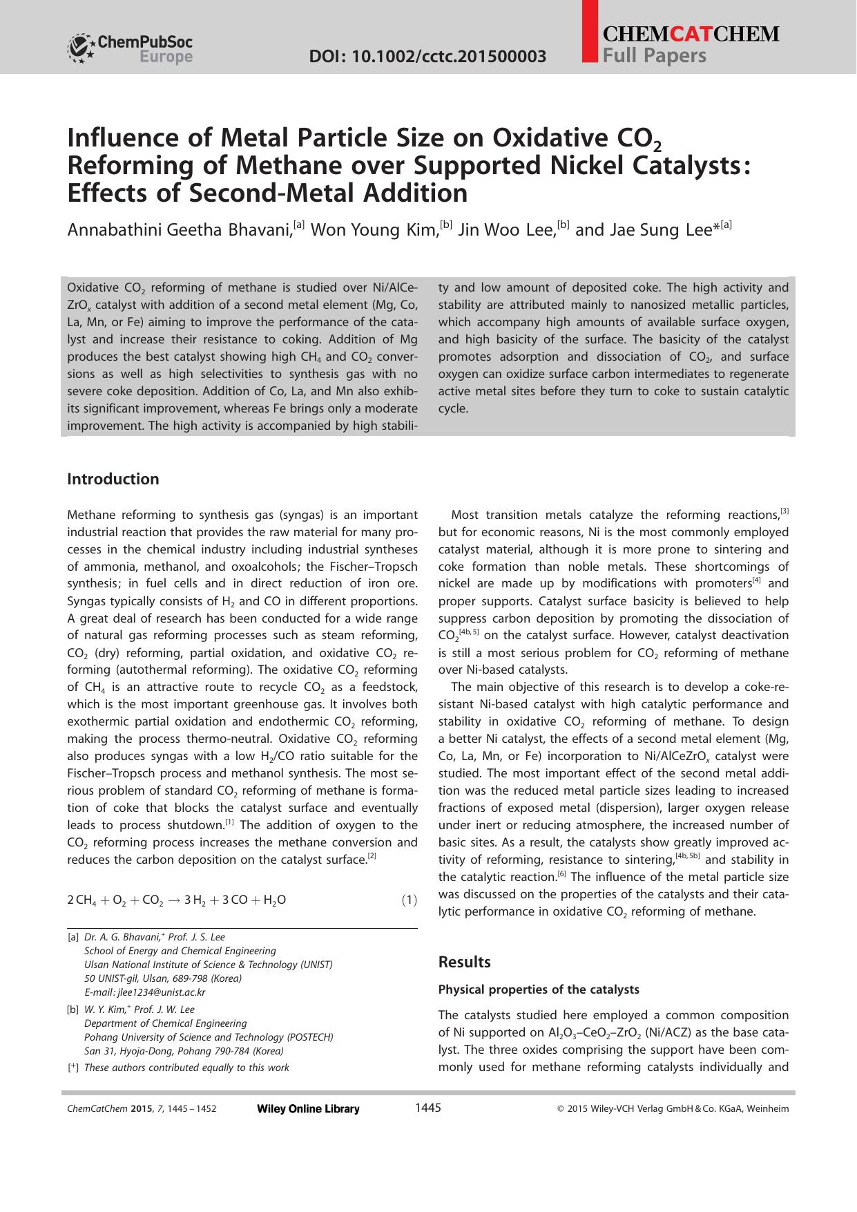Influence of Metal Particle Size on Oxidative CO2 Reforming of Methane over Supported Nickel Catalysts: Effects of SecondMetal Addition by Unknown