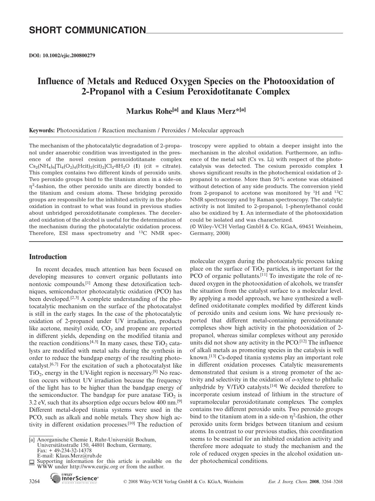 Influence of Metals and Reduced Oxygen Species on the Photooxidation of 2-Propanol with a Cesium Peroxidotitanate Complex by Unknown