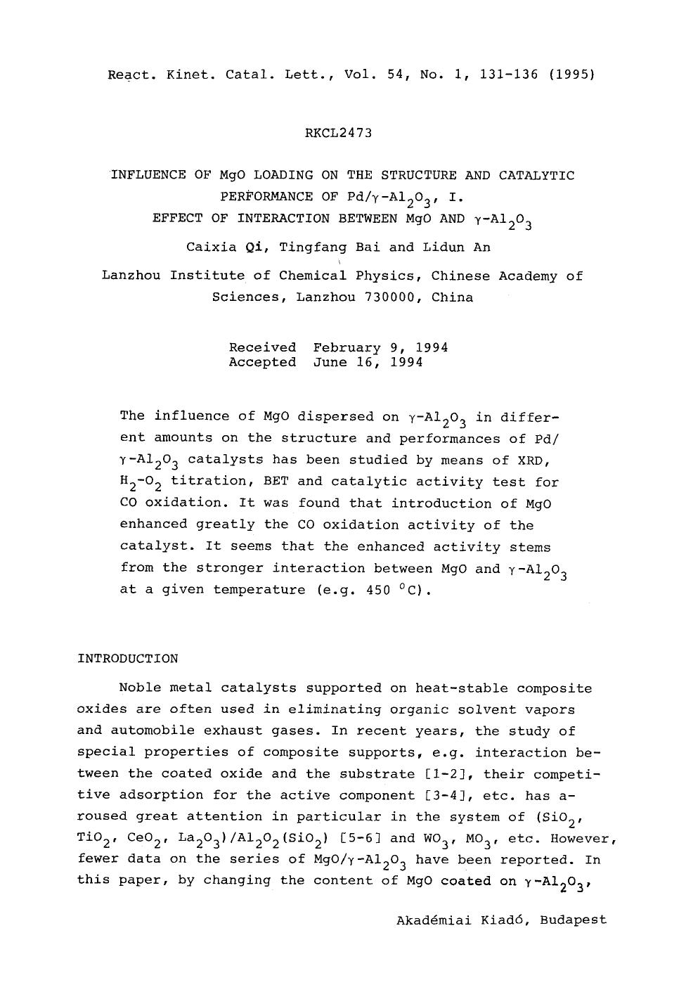 Influence of MgO loading on the structure and catalytic performance of Pd&#x03B3;-Al <Subscript>2 <Subscript>O <Subscript>3 <Subscript>, I. Effect of interaction between MgO and &# by Unknown