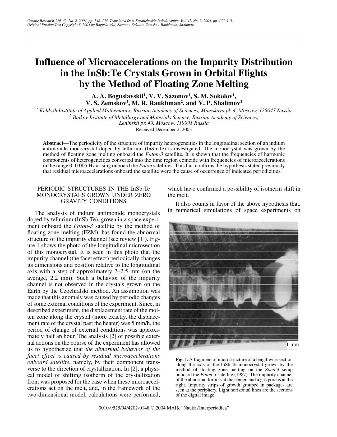 Influence of Microaccelerations on the Impurity Distribution in the InSb:Te Crystals Grown in Orbital Flights by the Method of Floating Zone Melting by Unknown