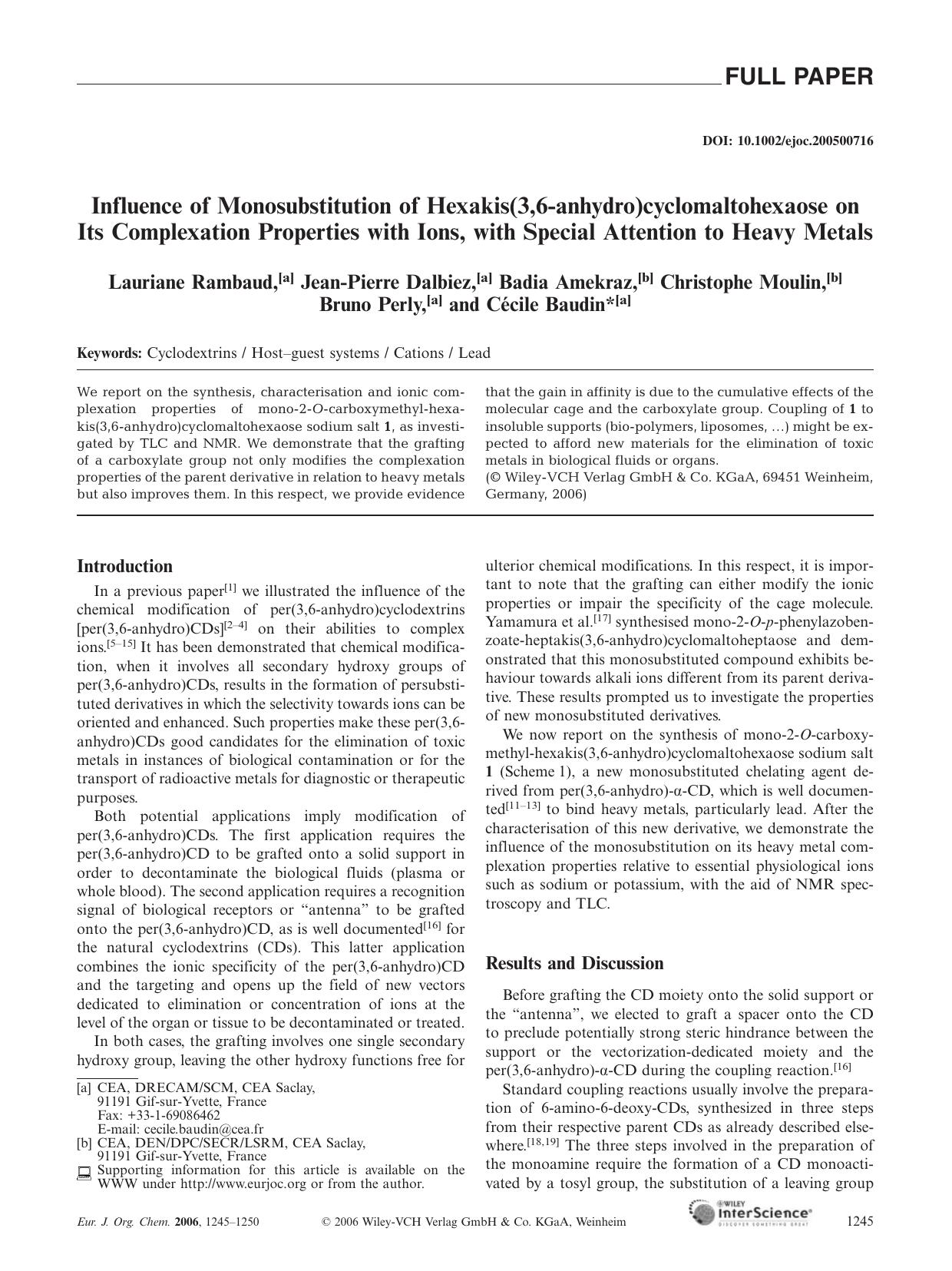 Influence of Monosubstitution of Hexakis(3,6-anhydro)cyclomaltohexaose on Its Complexation Properties with Ions, with Special Attention to Heavy Metals by Unknown