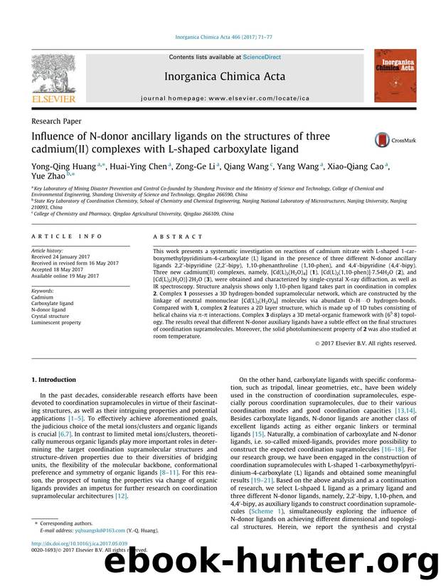 Influence of N-donor ancillary ligands on the structures of three cadmium(II) complexes with L-shaped carboxylate ligand by Yong-Qing Huang & Huai-Ying Chen & Zong-Ge Li & Qiang Wang & Yang Wang & Xiao-Qiang Cao & Yue Zhao