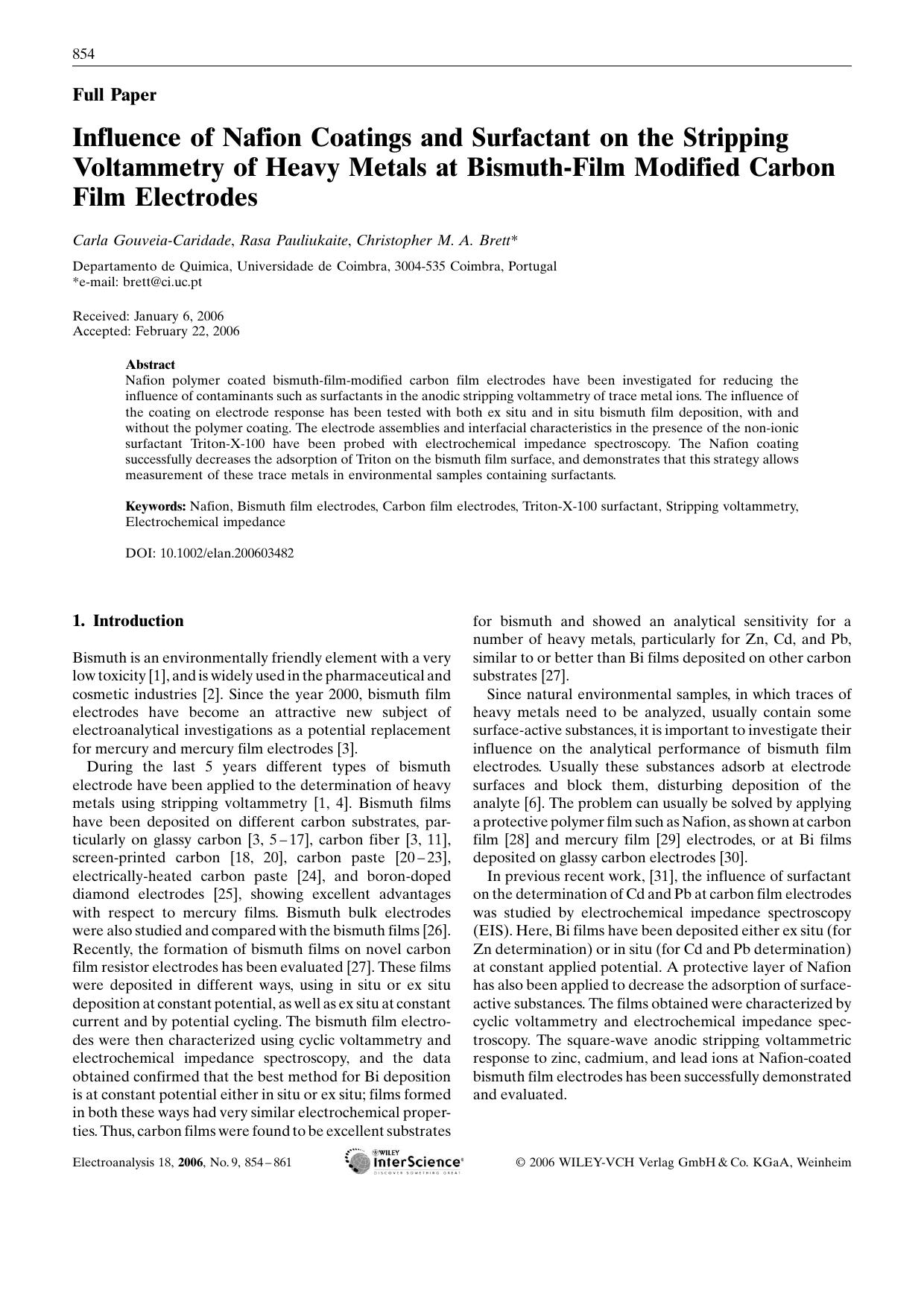 Influence of Nafion Coatings and Surfactant on the Stripping Voltammetry of Heavy Metals at Bismuth-Film Modified Carbon Film Electrodes by Unknown