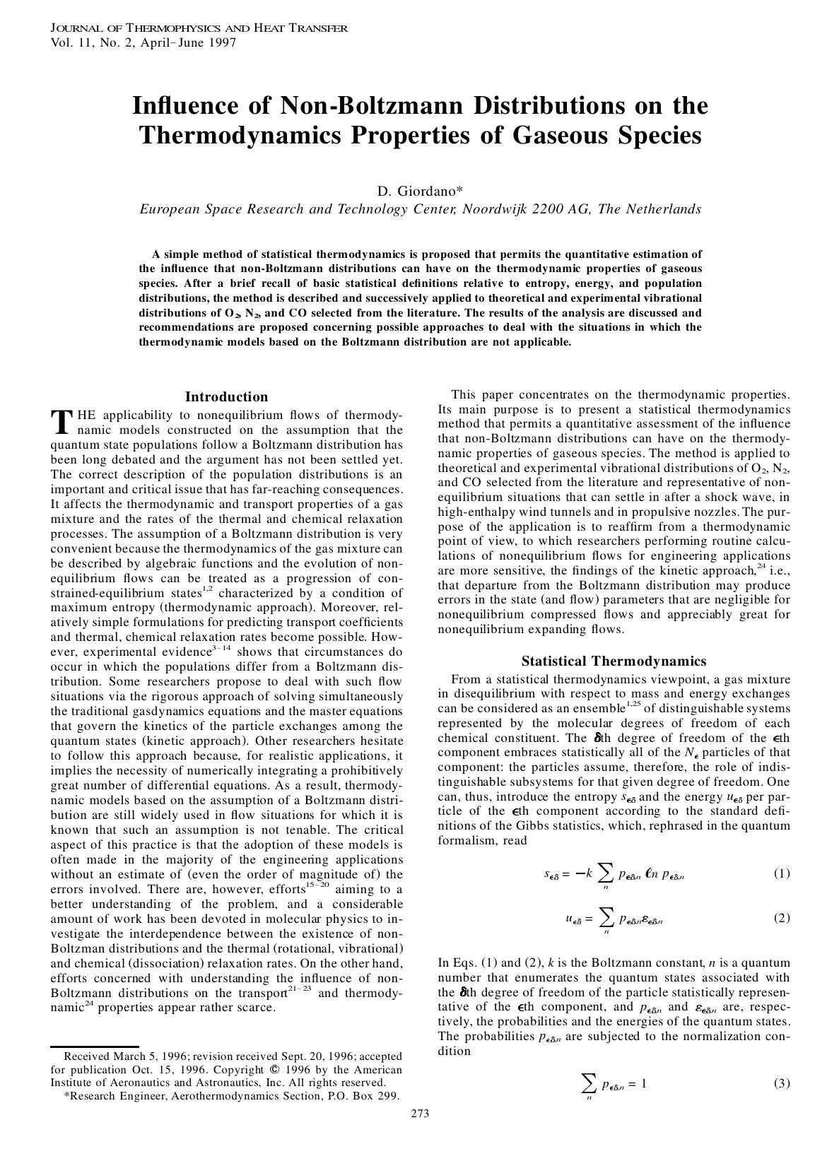 Influence of Non-Boltzmann Distributions on the Thermodynamics Properties of Gaseous Species by Unknown