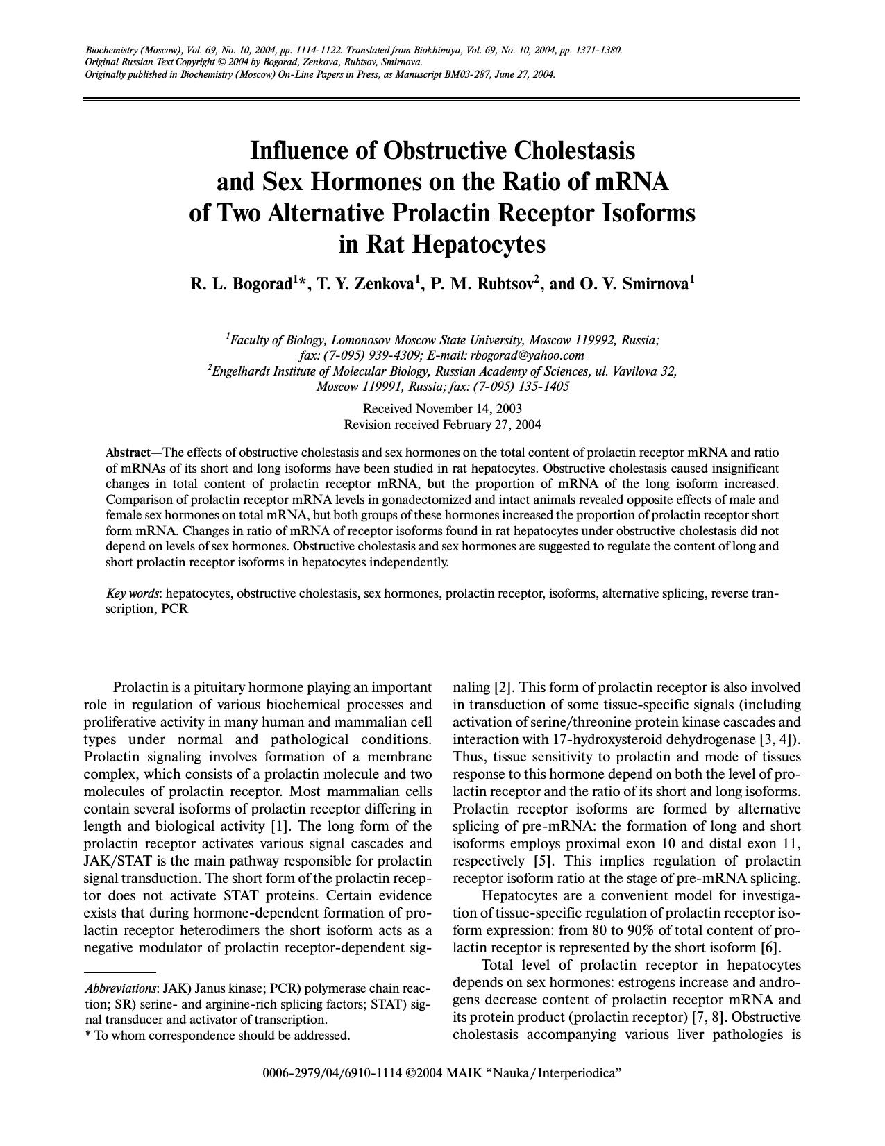 Influence of Obstructive Cholestasis and Sex Hormones on the Ratio of mRNA of Two Alternative Prolactin Receptor Isoforms in Rat Hepatocytes by Unknown