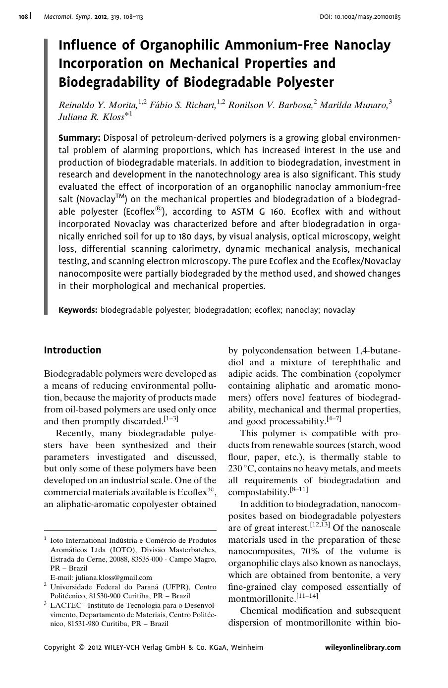 Influence of Organophilic AmmoniumFree Nanoclay Incorporation on Mechanical Properties and Biodegradability of Biodegradable Polyester by Unknown