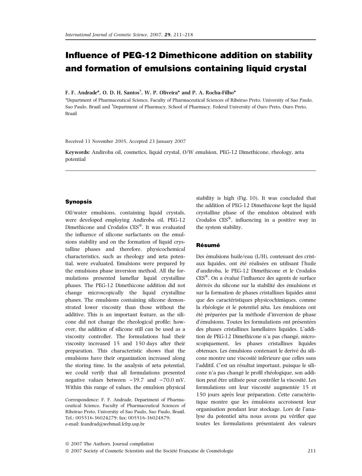 Influence of PEG-12 Dimethicone addition on stability and formation of emulsions containing liquid crystal by Unknown
