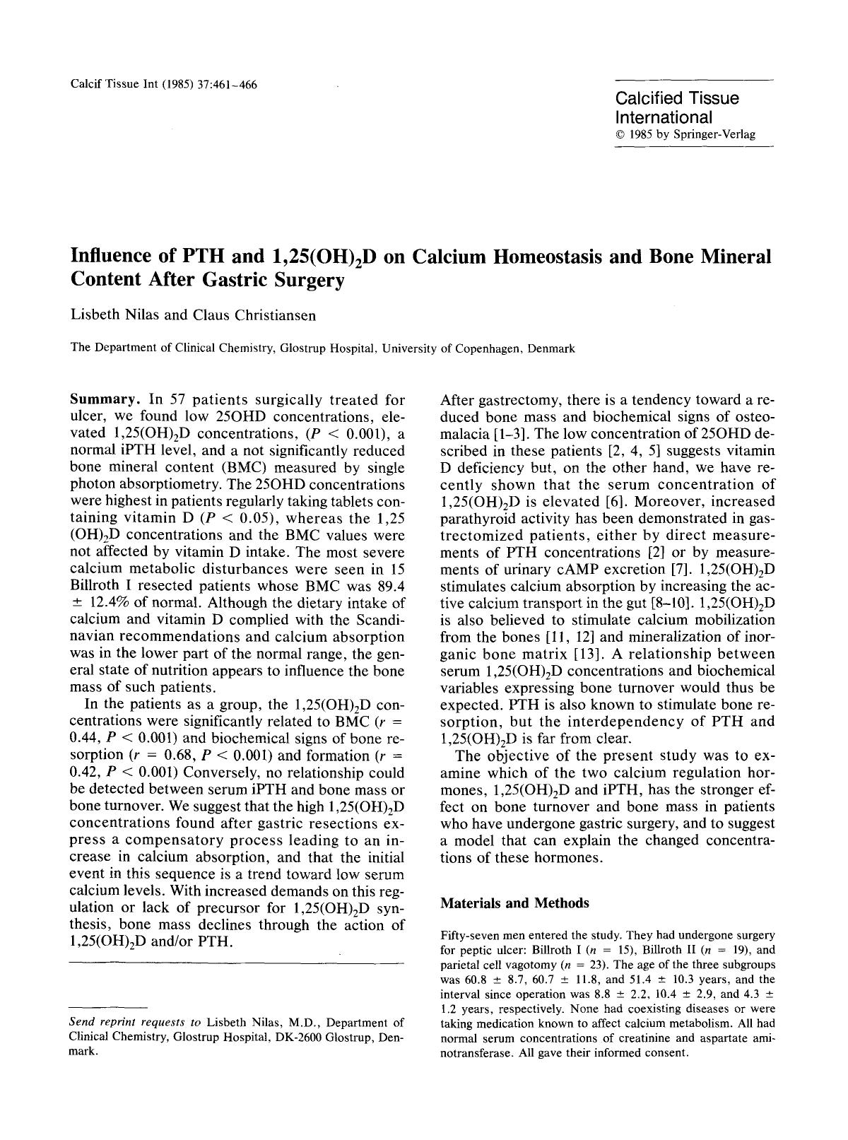 Influence of PTH and 1,25(OH) <Subscript>2 <Subscript>D on calcium homeostasis and bone mineral content after gastric surgery by Unknown