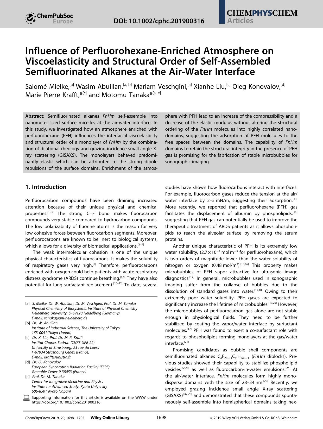 Influence of PerfluorohexaneâEnriched Atmosphere on Viscoelasticity and Structural Order of SelfâAssembled Semifluorinated Alkanes at the AirâWater Interface by Unknown