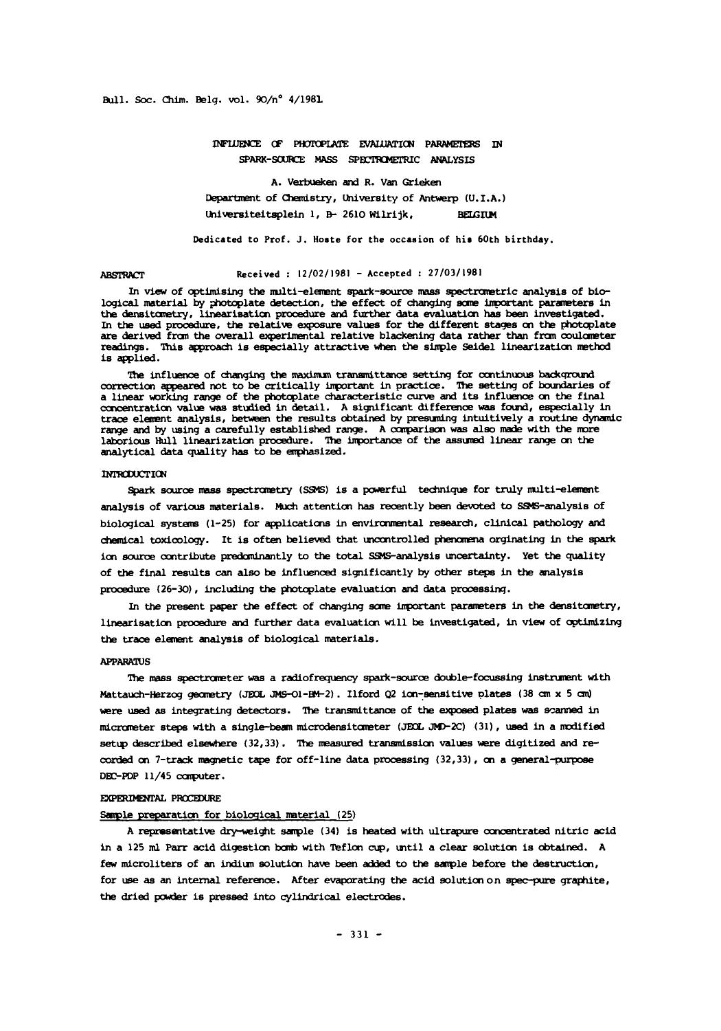 Influence of Photoplate Evaluation Parameters in SparkSource mass Spectrometric Analysis by Unknown