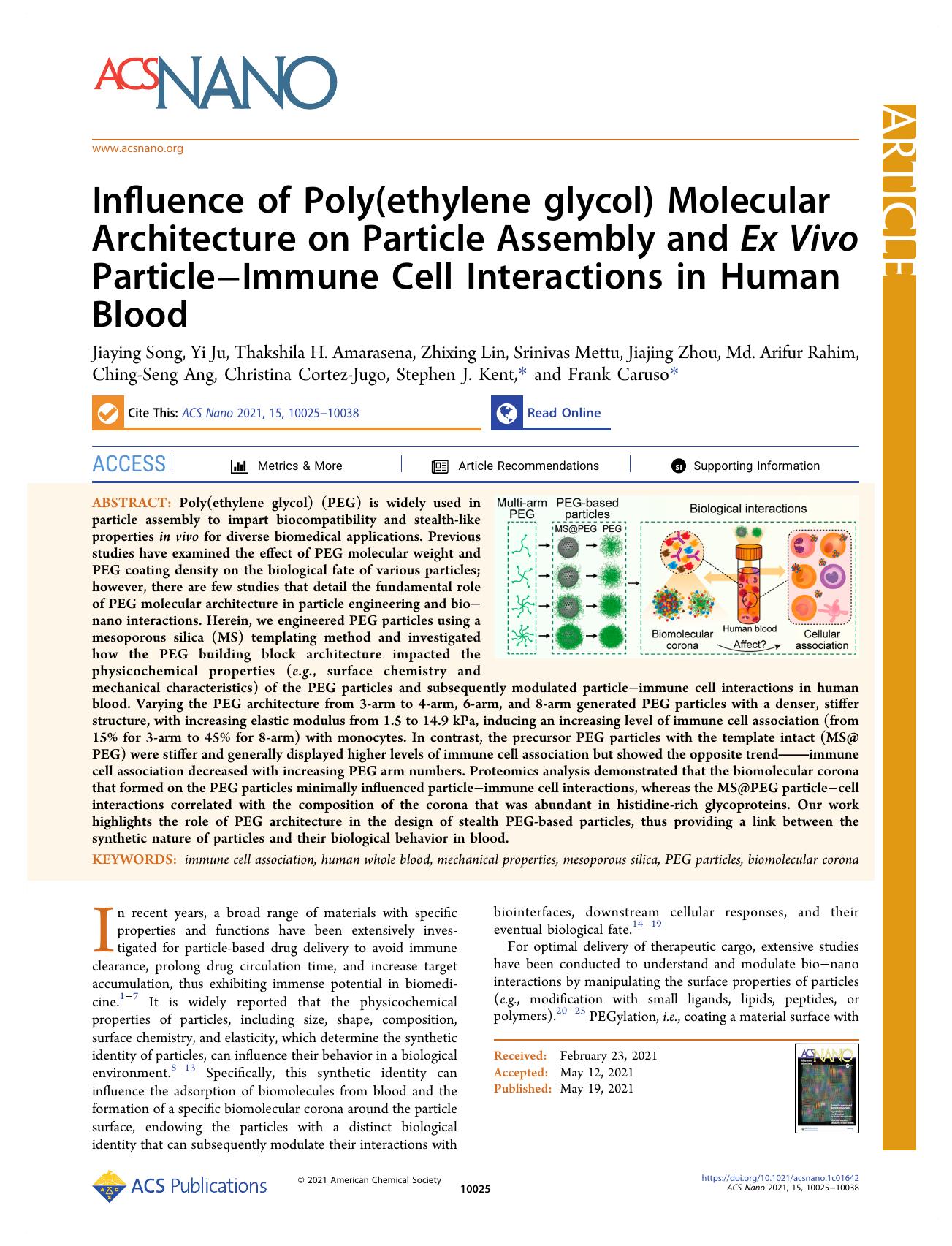 Influence of Poly(ethylene glycol) Molecular Architecture on Particle Assembly and Ex Vivo ParticleâImmune Cell Interactions in Human Blood by unknow