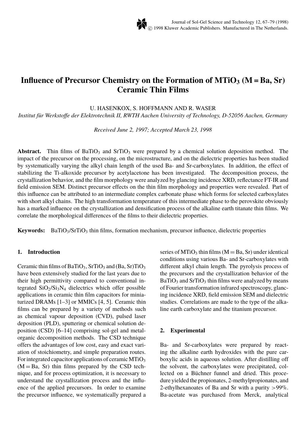 Influence of Precursor Chemistry on the Formation of MTiO3 (M = Ba, Sr) Ceramic Thin Films by Unknown