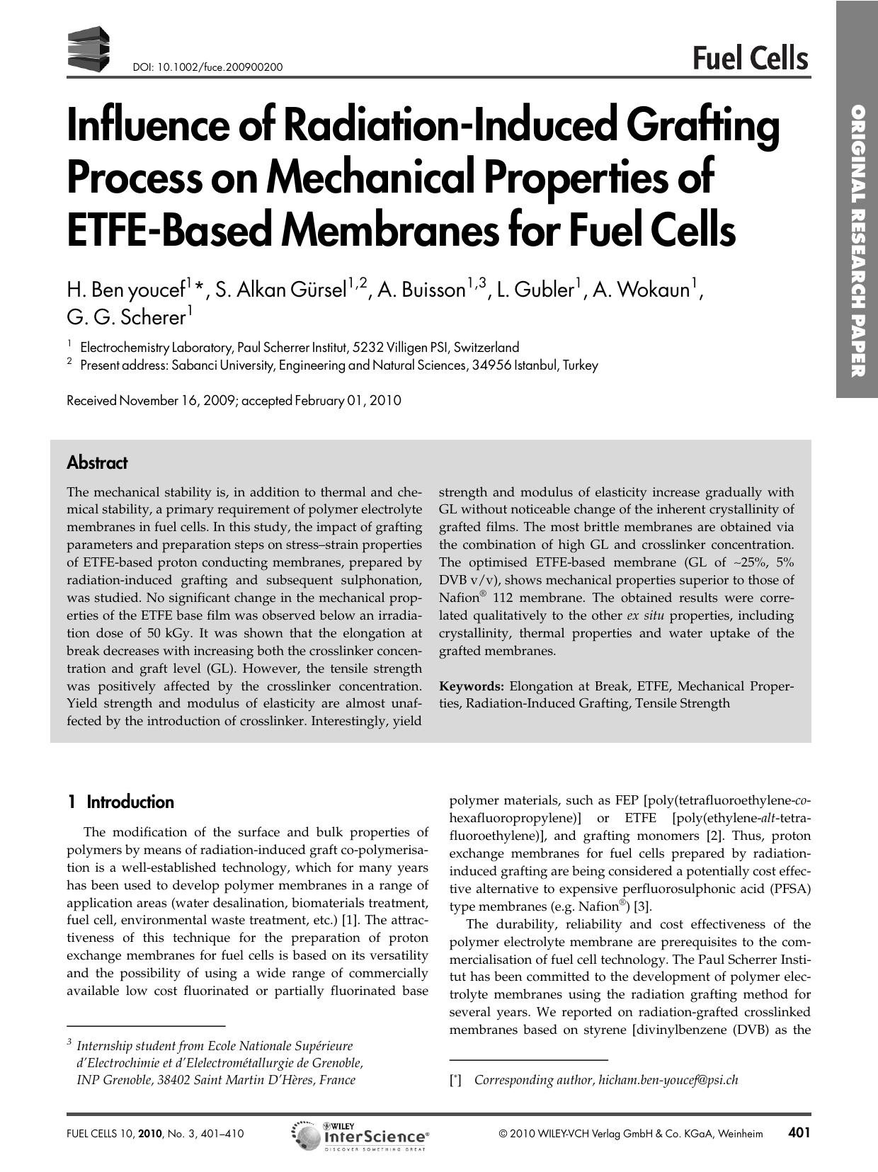 Influence of Radiation?Induced Grafting Process on Mechanical Properties of ETFE?Based Membranes for Fuel Cells by Unknown