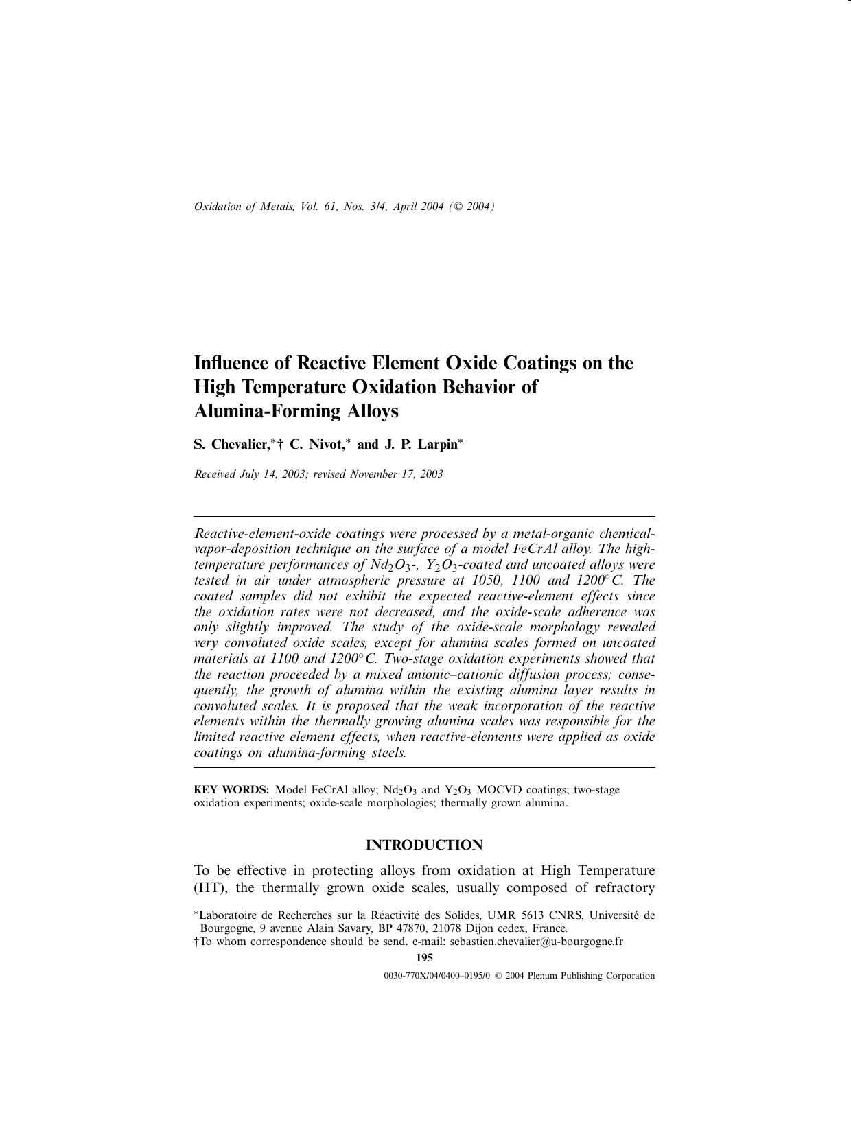 Influence of Reactive Element Oxide Coatings on the High Temperature Oxidation Behavior of Alumina-Forming Alloys by Unknown