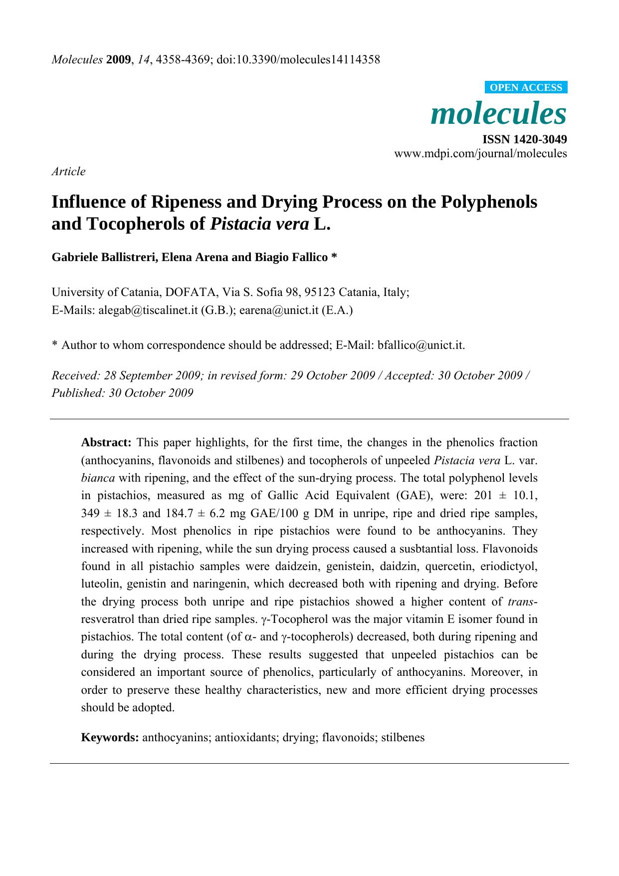 Influence of Ripeness and Drying Process on the Polyphenols and Tocopherols of Pistacia vera L. by Gabriele Ballistreri & Elena Arena & Biagio Fallico
