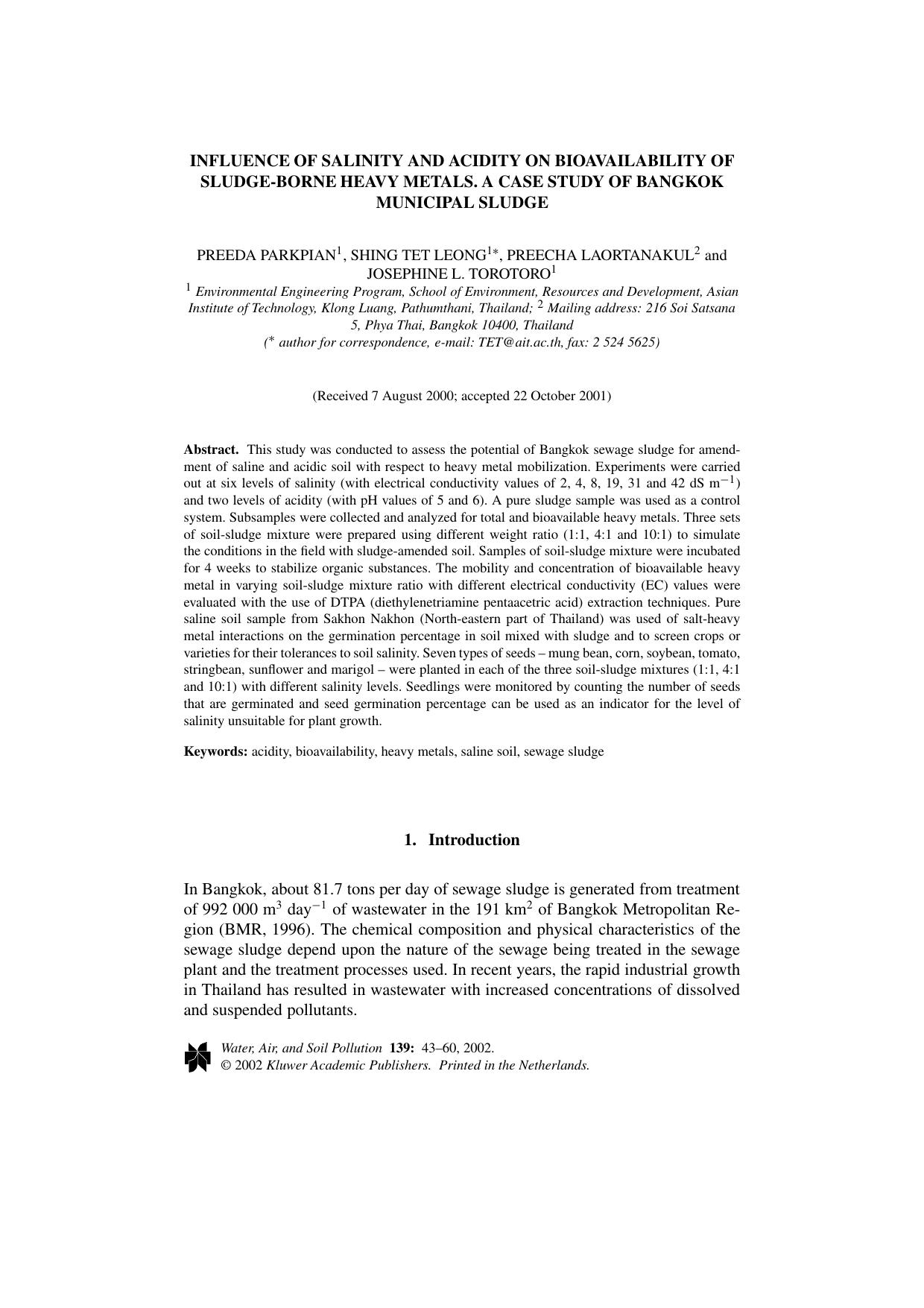 Influence of Salinity and Acidity on Bioavailability of Sludge-Borne Heavy Metals. A Case Study of Bangkok Municipal Sludge by Unknown