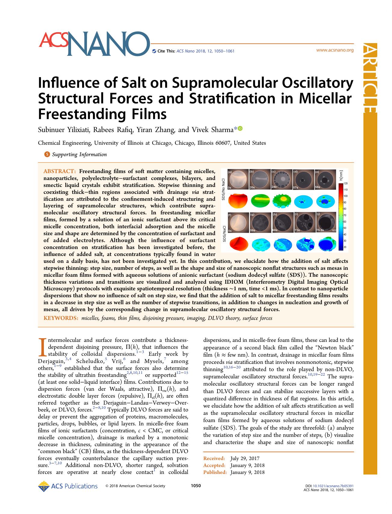 Influence of Salt on Supramolecular Oscillatory Structural Forces and Stratification in Micellar Freestanding Films by Subinuer Yilixiati Rabees Rafiq Yiran Zhang and Vivek Sharma