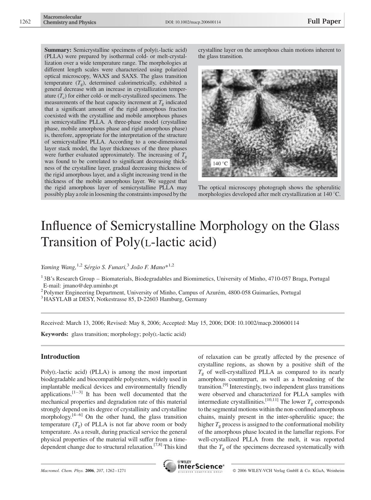 Influence of Semicrystalline Morphology on the Glass Transition of Poly(L-lactic acid) by Unknown