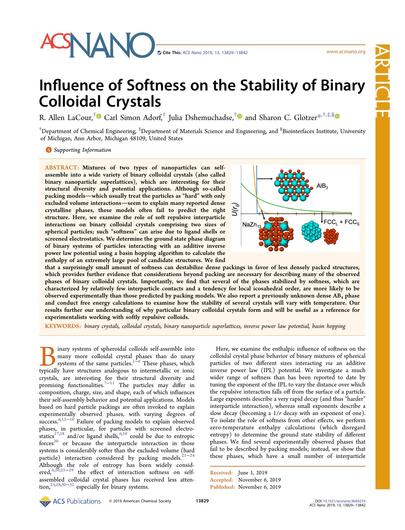 Influence of Softness on the Stability of Binary Colloidal Crystals by R. Allen LaCour Carl Simon Adorf Julia Dshemuchadse and Sharon C. Glotzer