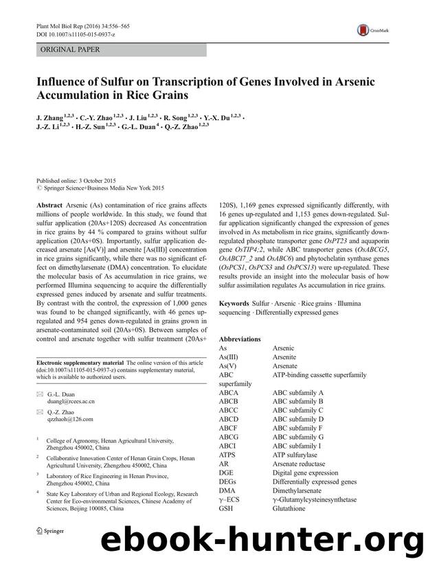 Influence of Sulfur on Transcription of Genes Involved in Arsenic Accumulation in Rice Grains by J. Zhang & C.-Y. Zhao & J. Liu & R. Song & Y.-X. Du & J.-Z. Li & H.-Z. Sun & G.-L. Duan & Q.-Z. Zhao